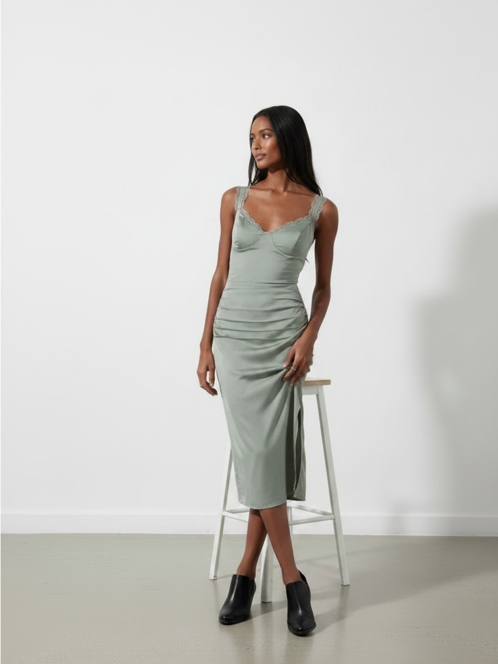 Astr Lace-Trim Satin Ruched Midi Dress in Sage Green - Picture 3 of 9